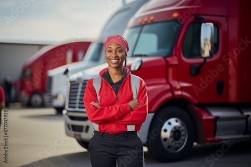 A smiling african american female truck driver standing near semi truck
