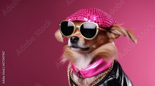Fashionable chihuahua dog with sunglasses on a pink background. Banner copy space. Ai generative © mariof