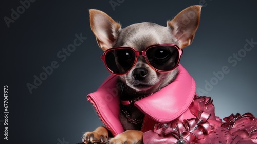 Fashionable chihuahua dog wearing pink leather jacket and sunglasses. Banner copy space. Ai generative © mariof