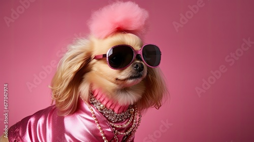 Fashionable chihuahua dog with pink wig and sunglasses on pink background. Banner copy space. Ai generative © mariof