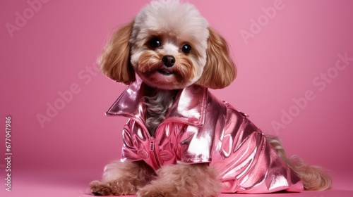 cute dog in pink leather jacket on pink background, studio shot. Banner copy space. Ai generative