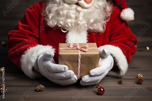 Santas Hand Grasping Christmas Present Clutching Wrapped Gift Spreading Joy and Wonder