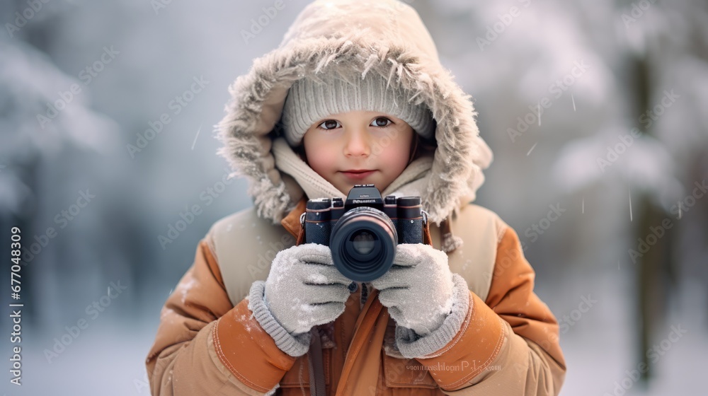 Cute boy holding a camera and taking pictures with winter, child with winter Cute boy holding a camera and taking pictures with winter, child with winter