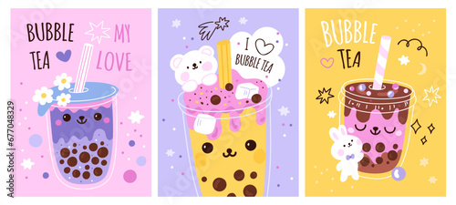Bubble tea cards. Plastic cups with tapioca pearls drink. Boba milk beverages. Different fruit tastes. Summer drink. Refreshing cocktails glasses. Cartoon menu banners. Garish vector set