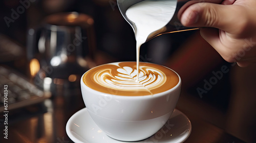 young male barista hands making cappuccino pouring milk to prepare a cup of Latte art coffee created with Generative AI Technology photo