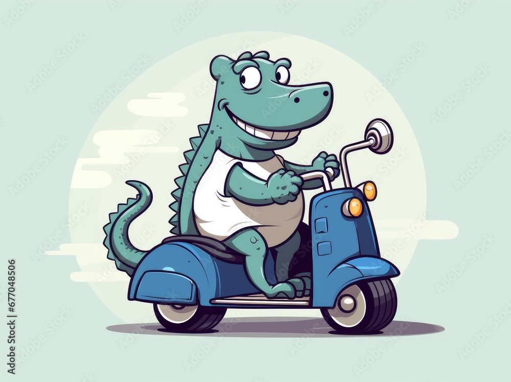 A Playful Adventure: Cartoon Alligator Riding a Blue Scooter A Playful Adventure: Cartoon Alligator Riding a Blue Scooter