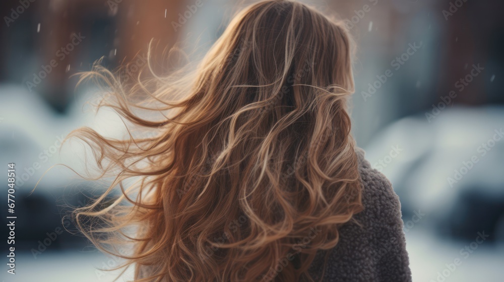 Portrait from back of happy woman with long hair waving in cold winter day Portrait from back of happy woman with long hair waving in cold winter day