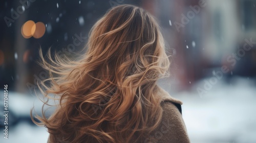 The back of a woman with long hair, a woman's hair blowing in the wind, a woman and the cold photo