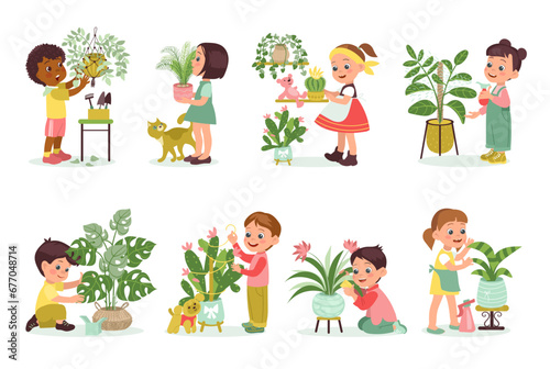 Children care of home plants. Happy people growing houseplants. Kids with domestic potted flowers. Girl watering cactus. Boy spraying monstera leaves. Little gardeners. Splendid vector set