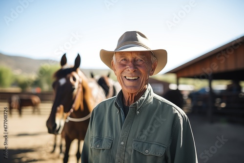 A senior man standing close to a horse outdoors in nature, holding it © evgenia_lo