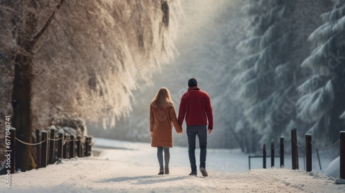 Rear view of a couple holding hands walking between the roads in the forest. covered with snow