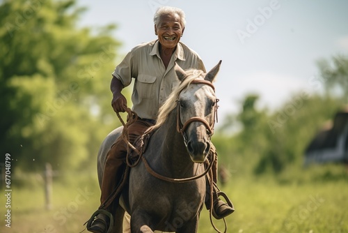 Senior asian man riding a horse through the field on a ranch © evgenia_lo