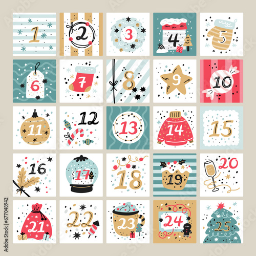 Christmas advent calendar. December holiday banner with funny numbers. Decorated toys. Wreaths and confetti. Openable gift cells. Xmas waiting. Winter celebration. Garish vector template