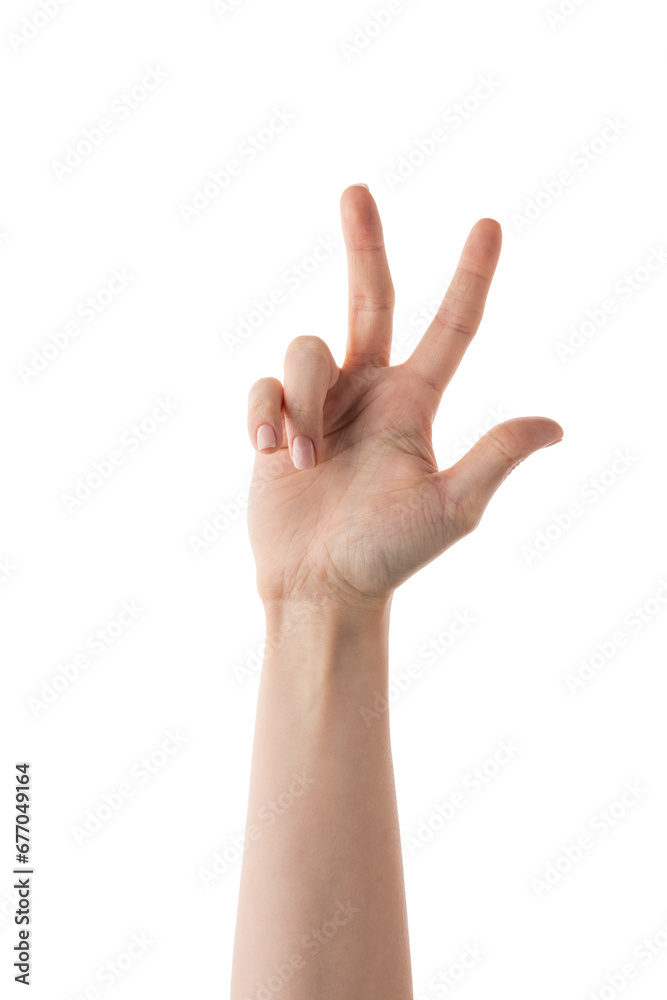 Young female hand counting three isolated on white Young female hand counting three isolated on white