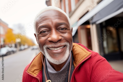 Senior man smiling confident making selfie by camera at street