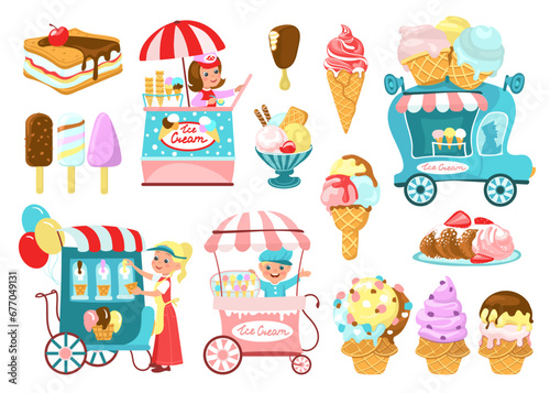 Cute ice cream sellers. Different types of cold sweets in cones, waffles and on sticks. Shopping tent on wheels. Park vans for frozen desserts selling. Food carts. Splendid vector set