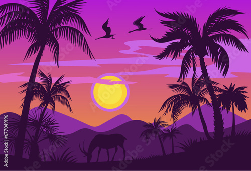 Dark palm trees silhouettes. Sunset African landscape with tropical plants and animals. Evening sky. Purple sundown. Wild nature scenery. Savannah panorama. Splendid vector background