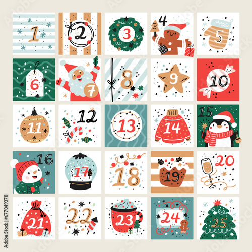Holiday advent calendar. Christmas poster with funny numbers. New Year characters and decorations. Santa present. Penguin and snowman. Xmas celebration waiting. Garish vector template