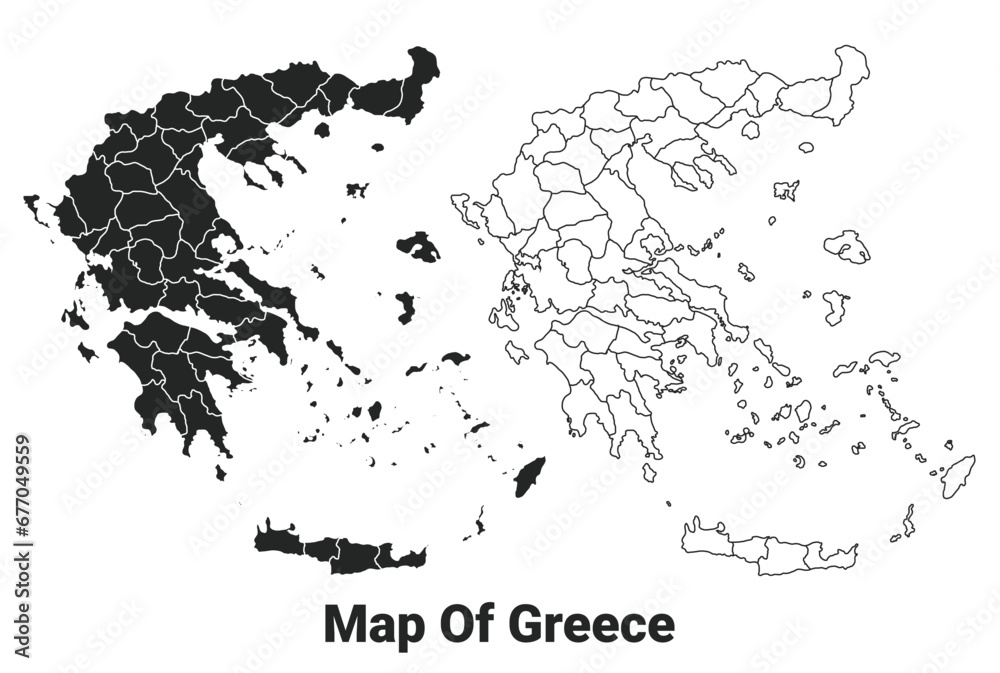 Vector Black map of Greece country with borders of regions