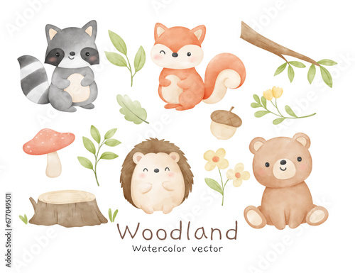 Fototapeta Naklejka Na Ścianę i Meble -  Woodland animal watercolor Decoration nursery birthday kids Print for invitation card Poster Template