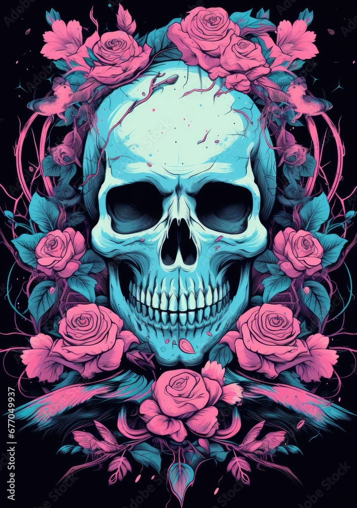 Death's Embrace: A Skull Surrounded by Roses on a Dark Canvas