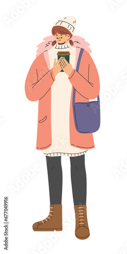 Teenage girl holding a coffee cup wearing casual winter apparel, hoodie wool coat, sweater dress, boots and wool hat with bag. Flat vector illustration isolated on white background