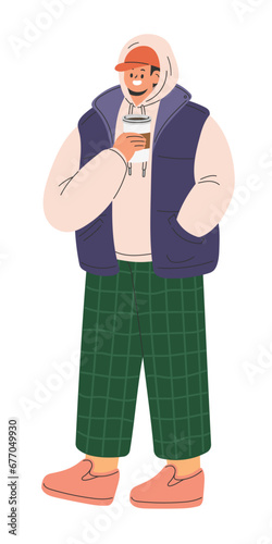 Teenage boy in trendy casual winter apparel, hoodie, down jacket, cap, sneakers and green plaid pants. Young man holding a coffee cup. Flat vector illustration isolated on white background