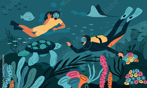 Scuba divers under water. People in masks with air cylinders and tubes. Exploration of seabed. Underwater swimming. Undersea reef. Stingray and turtle. Tropical fish. Garish vector concept