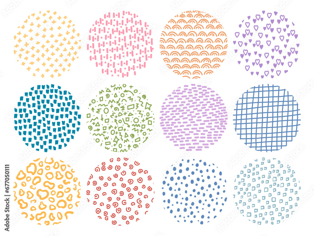 Simple doodle textures. Round hand drawn pattern. Abstract random shapes. Polka dots and checkered print. Minimal strokes. Crosses and stripes. Circle geometric elements. Recent vector set Simple doodle textures. Round hand drawn pattern. Abstract random shapes. Polka dots and checkered print. Minimal strokes. Crosses and stripes. Circle geometric elements. Recent vector set