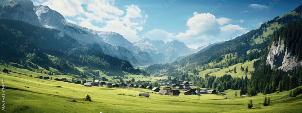 A Serene Landscape of Rolling Green Valley and Majestic Mountain Peaks
