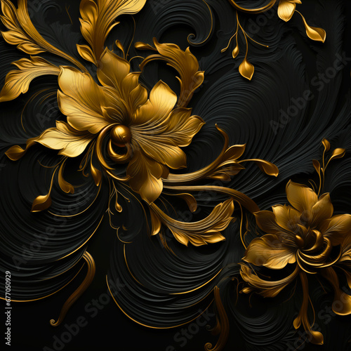 Abstract artistic background. Decorative design with metallic flowers made of gold on black background. 3D illustration. AI generative. 