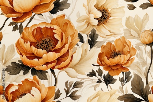 floral seamless border pattern. Orange and white blossoms, illustration, texture for fashion industry, summer sale, print for fabrics and textile. photo