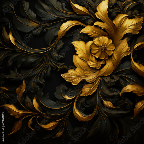 Abstract artistic background. Decorative design with metallic flowers made of gold on black background. 3D illustration. AI generative. 