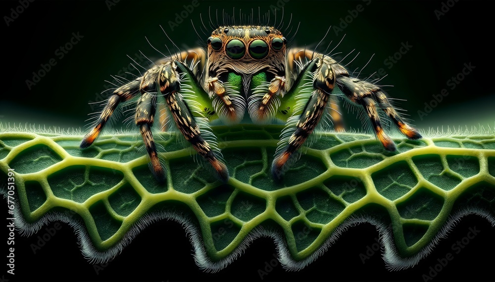 extreme macro of jumping spider sitting on green leaf isolated on black ...