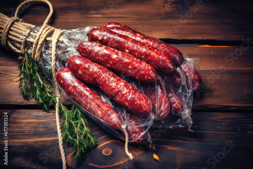 A bunch of smoked sausages in packaging on a wooden table. Appetizing homemade sausages. Wide selection of homemade farm meat products.