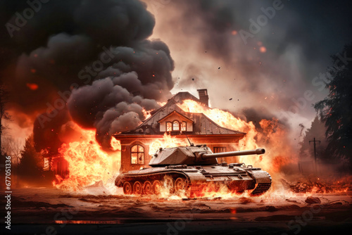 War Concept. Tank attack on the city. Hostilities. A tank against the background of fire, smoke, explosions and a destroyed house. Battle in ruined city. Selective focus.