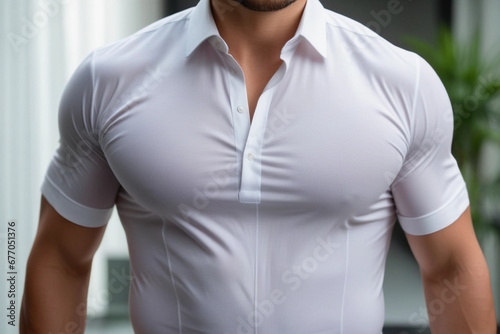A man wearing skin tight shirt outlining his muscular body and rippling muscles underneath. Tone body, broad chest, chiselled muscles of an adult male who regular workouts at the gym. Masculine guy. photo