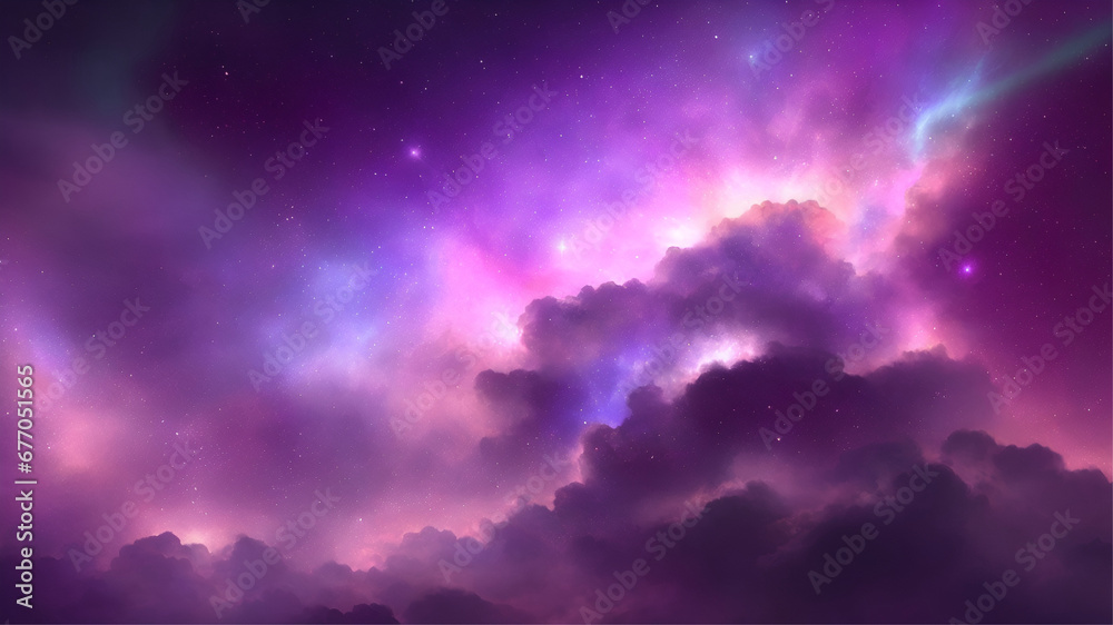 Abstract starlight and pink and purple and blue clouds stardust. This image shows a cloudy night sky with stars. The clouds are purple and fluffy, and the stars are shining brightly in the sky Abstract starlight and pink and purple and blue clouds stardust. This image shows a cloudy night sky with stars. The clouds are purple and fluffy, and the stars are shining brightly in the sky