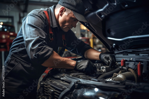 A mechanic in a workshop diagnoses and repairs the engine and car systems. Car repair and diagnostics in the garage. Modern car service. Brutal worker mechanic. © Anoo