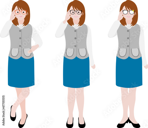 眼鏡の位置を調整するOLのイラストセット