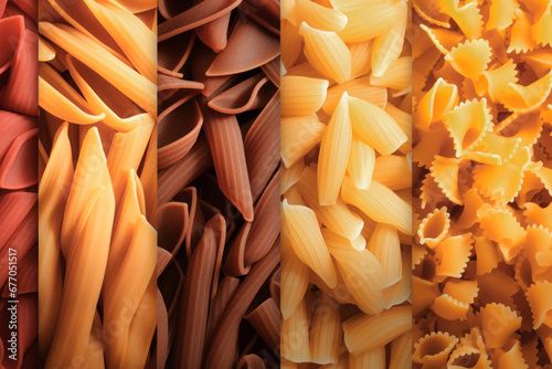 Different types of dried pasta macro. Natural dietary product. Healthy eating concept. Many types of pasta. photo