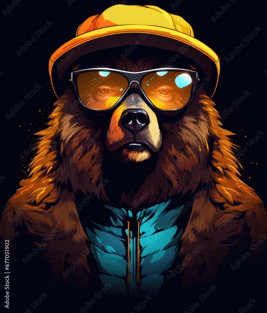 The Bear with Style: A Fashionable Bear Rocking a Yellow Hat and Sunglasses