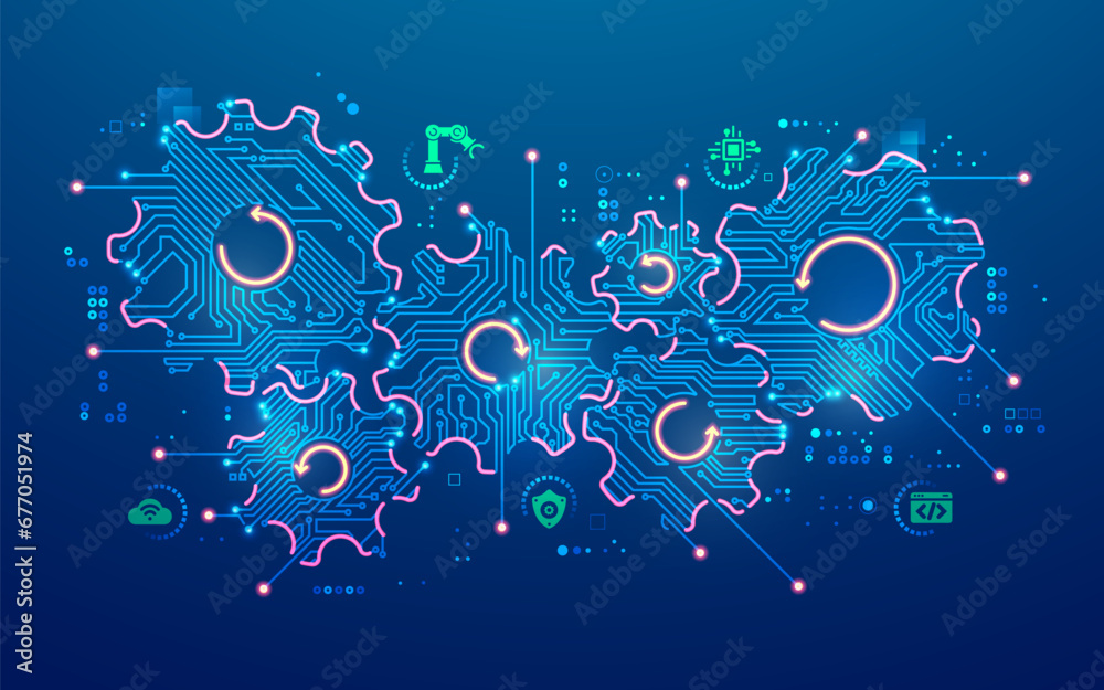 concept of engineering technology or industry 4.0, graphic of futuristic gear wheel with industrial element