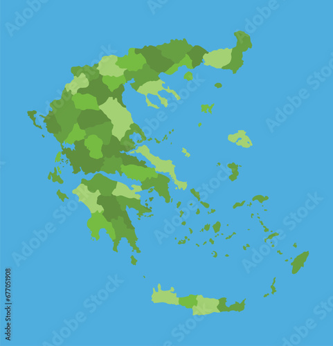 Greece vector map in greenscale with regions