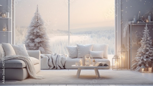 Cozy up to winter vibes with our festive decorations. The snowy landscape sets the tone, enhanced by ample copy space, creating a winter wonderland. photo