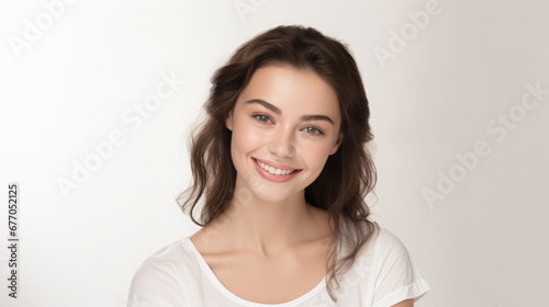 Cheerful smiling happiness expression woman with blue eyes  dark brown hair  white skin using white linen shirt for skin care products in interior studio created with Generative AI Technology