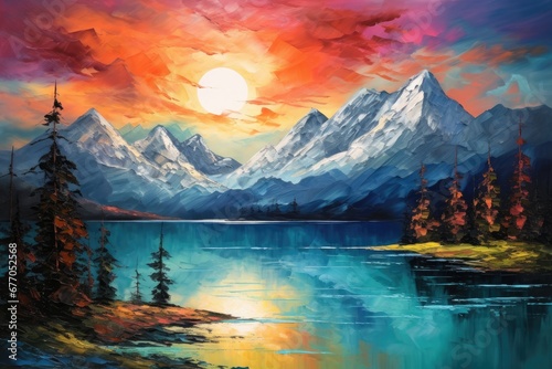 Sunset Serenity: A Breathtaking Painting of a Mountain Lake at Dusk