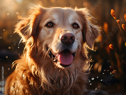 Portrait of a cute dog on a background of autumn. © wing
