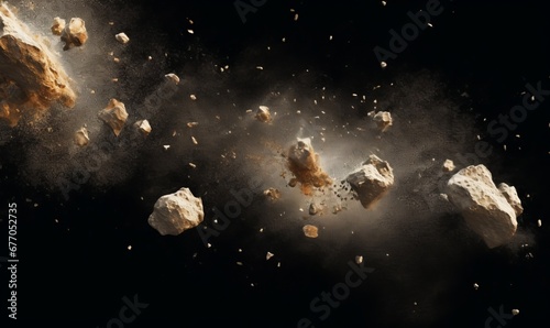 flying debris with dust on black background, Generative AI