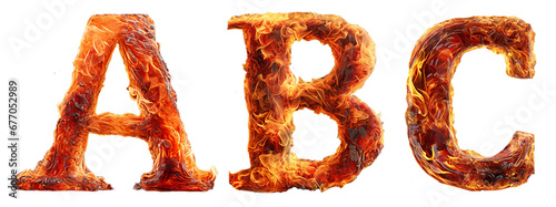 abc letters with fire texture isolated on transparent background, generative ai